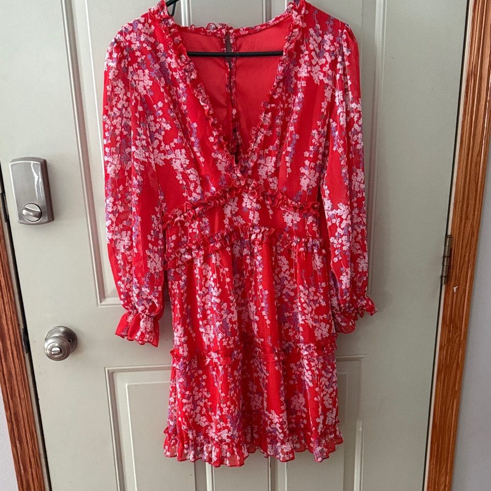 Floral Deep V Red Dress